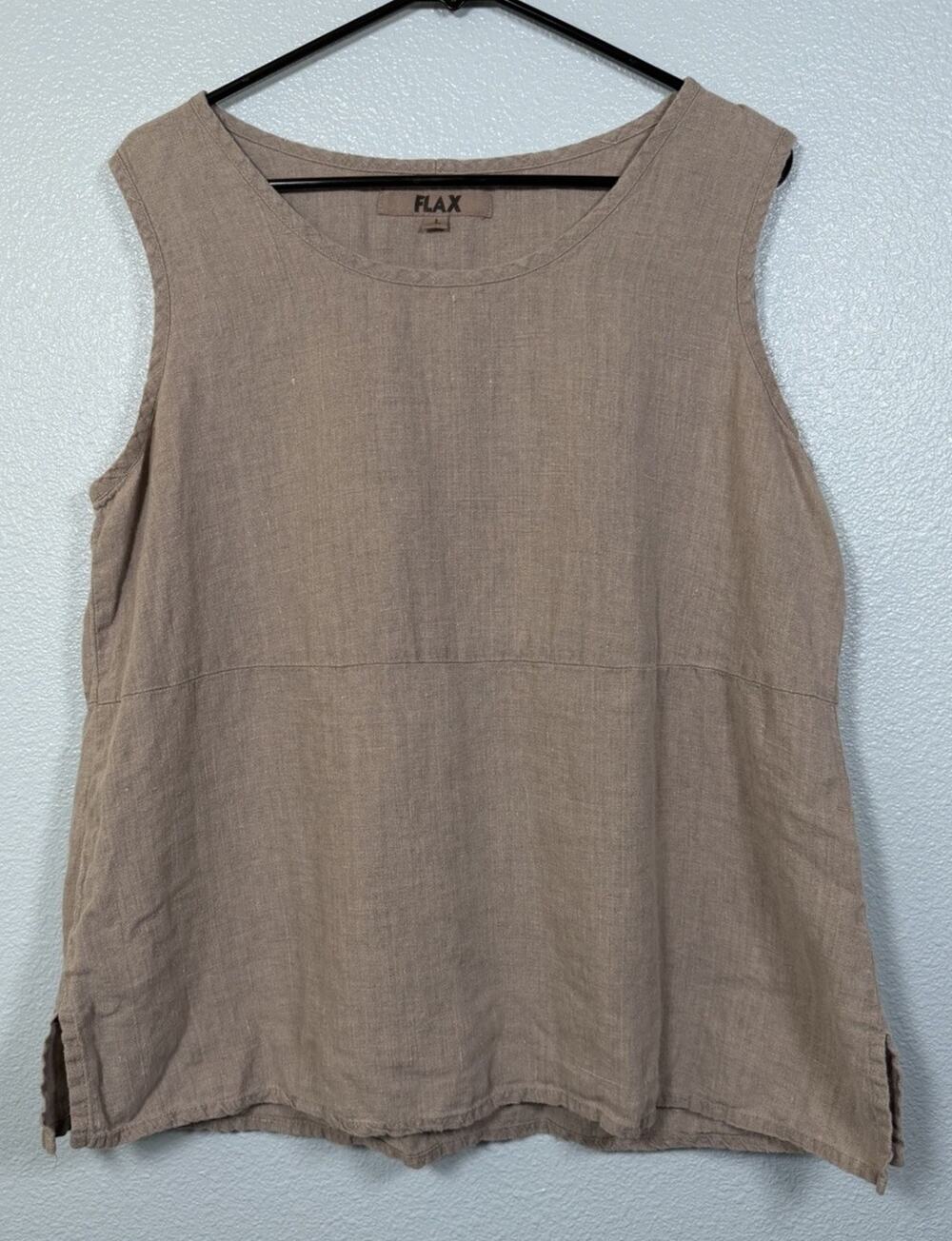 FLAX Women’s L 100% Linen Sleeveless Tunic Top Taupe Lagenlook Lithuania
